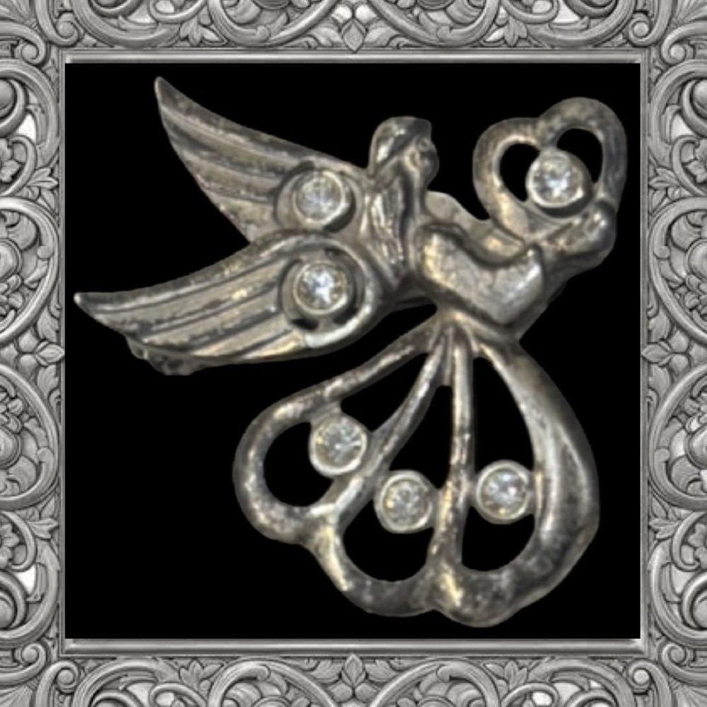 Vintage Guardian Angel Brooch Victorian Ornate Silver Crystal Rhinestone Pin